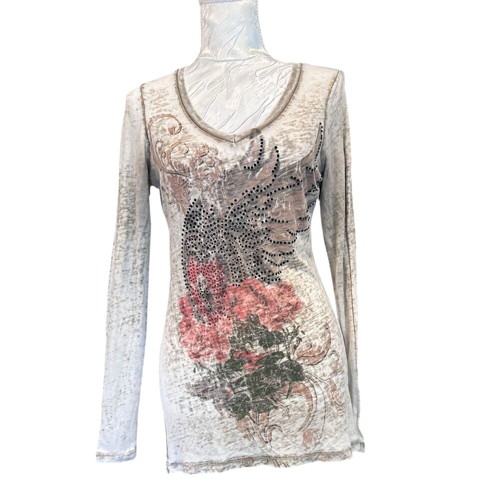 Y2K Rustic Rose Rhinestone Shirt Sheer Grunge Skater Top USA Made Sz Small